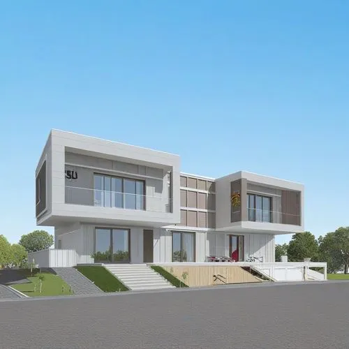 the front of a three - story house is shown,prefab,residencial,piramal,prefabricated buildings,prefabricated,3d rendering