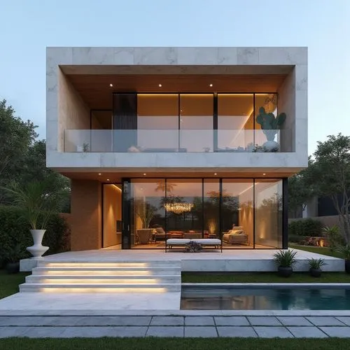 A hyper-realistic, high-resolution architectural photograph capturing a grand, ultra-modern HIGH SLOPED ROOF luxury TWO STOREYS  RESIDENCE at twilight. The building’s façade is composed of smooth whit