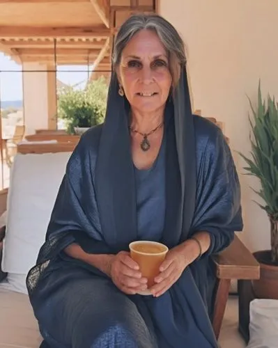 a woman sitting down with a cup of coffee,steinem,zubaida,satchidananda,tea zen,michetti,fairuz