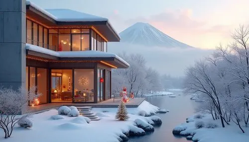 An enchanting winter scene featuring a traditional Japanese wooden pagoda and a snowy Zen garden. The pagoda is decorated with strings of Christmas lights in warm golden hues, red and white paper lant