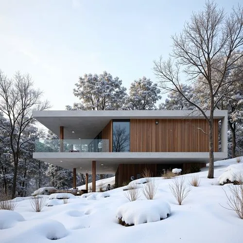 ,the modern house is built over the snow - covered slope,winter house,snow roof,timber house,snow house,dunes house,mid century house