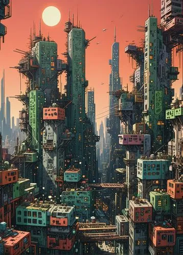 "A realistic cyberpunk futuristic architectural scene in the style of Lebbeus Woods. The scene depicts Asian city slum in a dystopian urban landscape with towering, deconstructed structures blending m