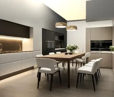 Modern minimalist kitchen-dining room, light colors, with lighting from the kitchen window,a dining room with several white chairs and a table,modern kitchen interior,modern minimalist kitchen,modern 