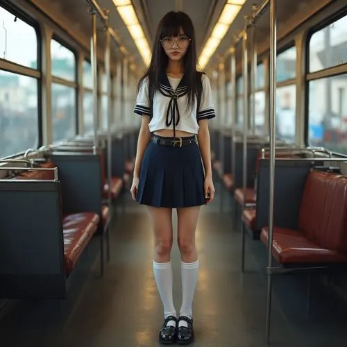 the girl is standing on the train inside of the bus,knee-high socks,school skirt,sailor,the girl at the station,train ride,train,doll dress,striped socks,miniskirt,schoolkid,a uniform,train way,retro 
