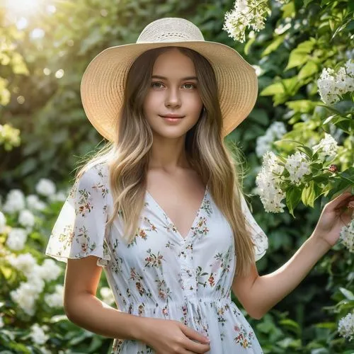 1girl, youthful appearance, relaxed posture, long flowing hair with natural highlights, minimal makeup with a soft blush, wearing a casual summer dress in a light floral pattern, white sandals, holdin