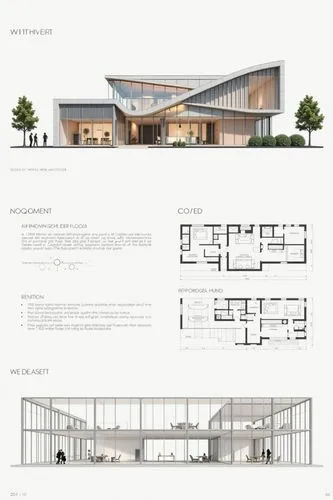 A professional architectural presentation board with a Pure background and a clean, minimalist design layout. The board includes:

Top Section: On the top left, a photorealistic render of a contempora