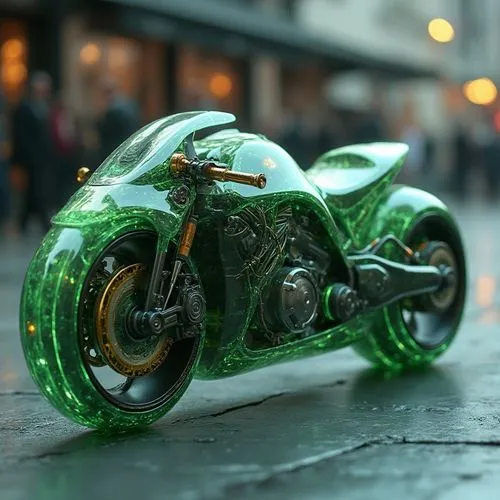 A futuristic gaa motorcycle designed for the urban commuter. The body is sleek and compact, with sharp, angular lines and a lightweight aluminum frame. The wheels are integrated into the body to minim