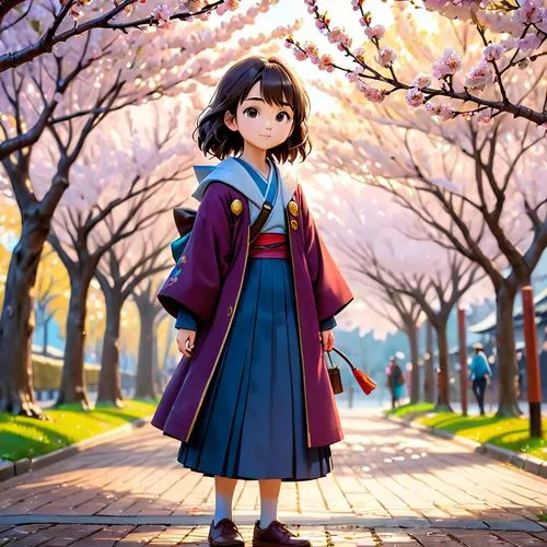 japanese style, manga, realistic,girl,plum tree,this anime character is standing outside under cherry blossom trees,hanbok,japanese sakura background,sakura background,kumiko,hanami,longmei,Anime,Anim