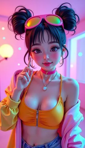 a very pretty asian girl with big ,neon makeup,neon candies,neon,neon tea,neon colors,neon drinks,retro girl,neon light,digital painting,neon coffee,neon ice cream,noodle image,bubble tea,noodle,bubbl