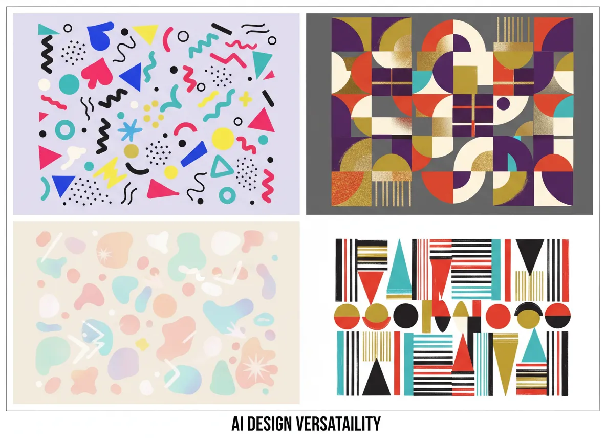 Ein Raster mit vier verschiedenen Memphis-Muster-Variationen mit unterschiedlichen Farbpaletten und Formenanordnungen, das die Vielseitigkeit der KI demonstriert.