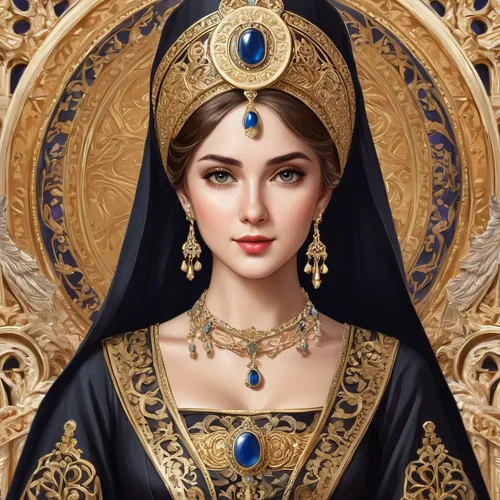 Develop historical female avatar with period costumes, intricate jewelry, and ancient backdrops. Design a nostalgic atmosphere for a classic and vintage look.,jaya,priestess,the prophet mary,mary-gold