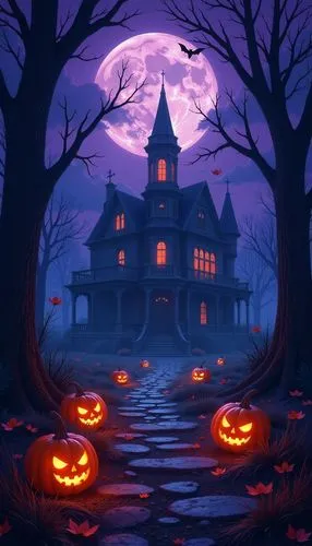 halloween wallpaper,
a dark mystical magical forest with pumpkins and bats, a detailed matte painting inspired by Francis Ernest Jackson, shutterstock contest winner, gothic art, darksiders halloween 