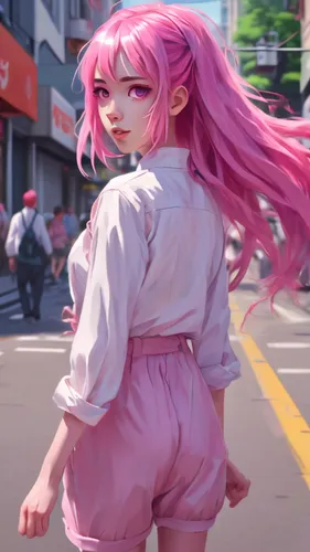 Cute anime woman with pink hair, pink eyes and long hair walking on the street panorama 8kGhibli style animation.,harajuku,sakura background,anime japanese clothing,japanese sakura background,girl wal