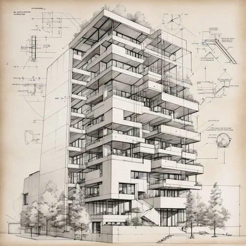 an architectural drawing of a building in the middle of a town,architect plan,cantilevers,constructivist,high-rise building,residential tower,cantilevered,multistory,modern architecture,architect,hous