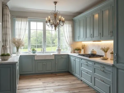 A serene indoor design emphasizing natural materials and a muted blue palette. The cabinetry in soft grey-blue tones is paired with rustic wooden flooring and a marble-textured island. A large window 