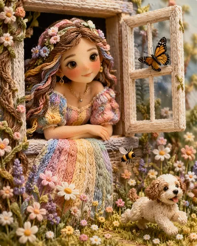 Handcrafted 3D embroidered scene of a whimsical girl leaning from an open window, doll-like face with {argument name="eye color" default="rosy cheeks and big brown eyes"}, {argument name="hair style" 
