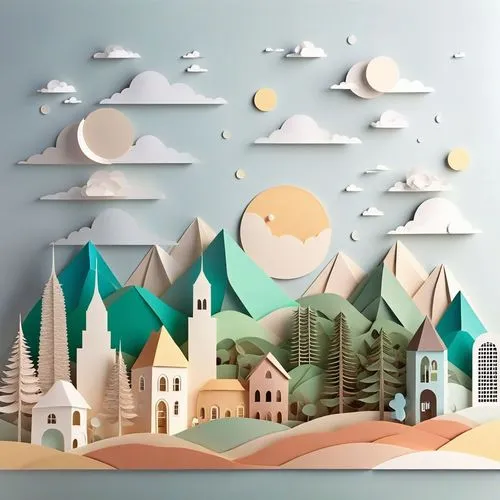 a paper cut of city with hills and houses in the middle,paper art,background vector,cardboard background,background design,paper background,landscape background,background paper,background scrapbook,c