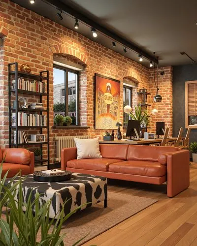A creative and dynamic office space featuring exposed brick walls, black metal shelving, and bold, comfortable furniture. The centerpiece is a burnt-orange sofa complemented by a black-and-white patte