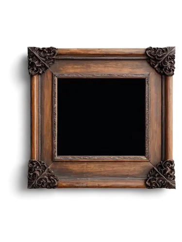 Rustic photo frame, wooden texture, distressed finish, ornate carvings, vintage style, brown color tone, rough edges, faded corners, worn-out surface, natural lighting, 3/4 composition, shallow depth 