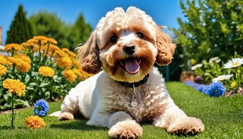 a happy light brown cocapoo playing with chew toys, a beautiful garden with flowers, beautiful blue sky.,cavapoo,cockapoo,tibetan terrier,american cocker spaniel,basset fauve de bretagne,english cocke