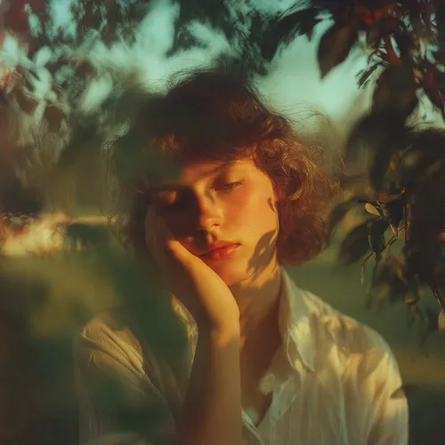 In a sun - drenched, secluded garden nook, where ancient tree branches form a natural canopy, a person dons a slightly worn, crisp white cotton shirt. Sunlight, fractured by layers of translucent leav