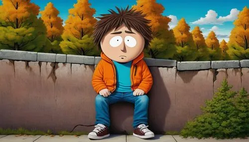 Cartoonish South Park character, avatar, male, messy brown hair, bright blue eyes, pale skin, casual wear, orange jacket, blue jeans, sneakers, relaxed posture, leaning against a wall, surrounded by t