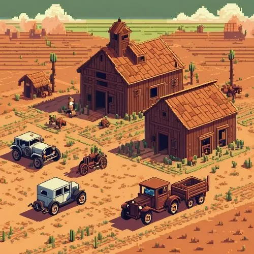 Pixel Art,rural,farmstead,overland,wild west hotel,farms,township,farm hut,farm set,farm,homesteader,ponderosa,red barn,log home,log cabin,farm yard,desert,homestead,outback,the farm,homesteaders