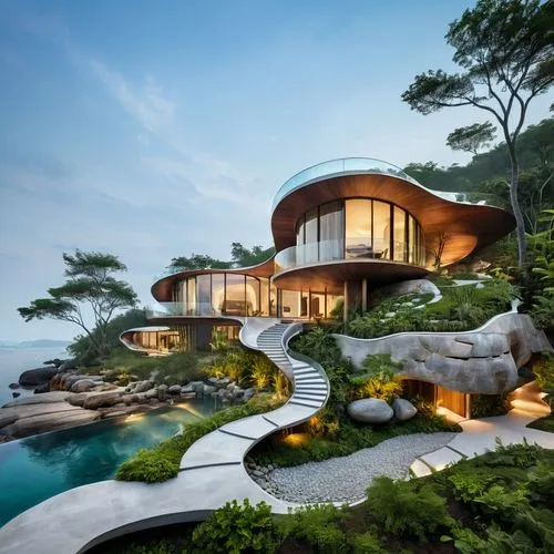 A vibrant and balanced residential area with multiple luxurious villas over the sea, seamlessly integrated into the natural landscape, giving the impression that they have always been part of the envi
