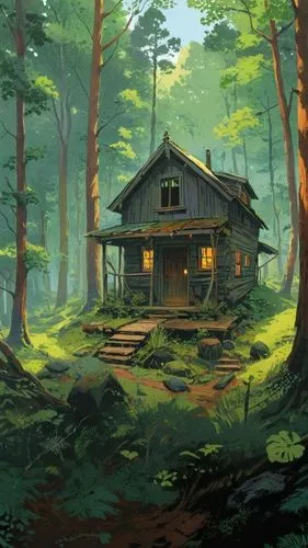 the wooden cabin in the woods with stairs leading to the entrance,house in the forest,small cabin,forest house,cabin,log cabin,summer cottage,log home,the cabin in the mountains,wooden hut,cottage,lit