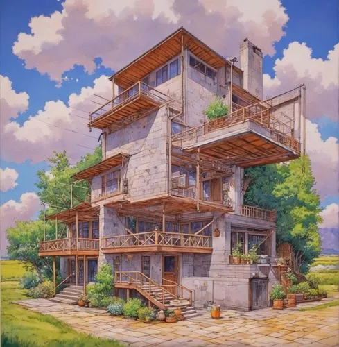sky apartment,studio ghibli,wooden house,apartment house,house in mountains,home landscape,japanese architecture,apartment building,an apartment,house in the mountains,two story house,tree house,small