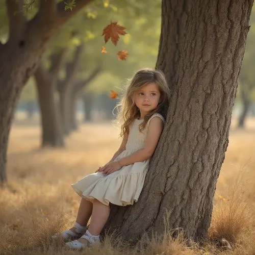 A young girl with an  dress. Sitting on the tree-trunk. Under the summer trees, background is dusty Lane and dry grass. Some dry leaves are falling and fly in the sky. ,a  sitting on a tree trunk look