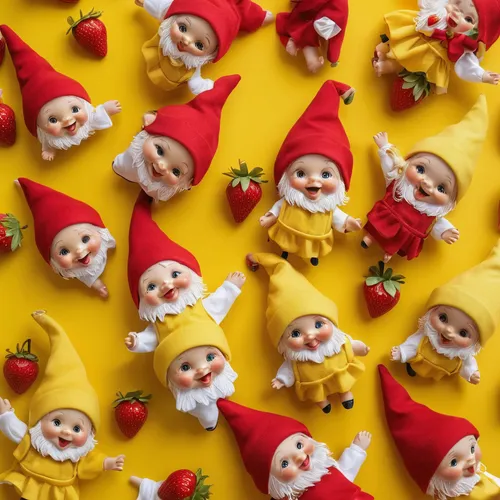 Small plastic dolls, with a plastic face - of children's games, with yellow dresses, wearing a red fabric hat - of gnomes, and wearing red shoes, sitting on a large yellow banana - laughing, holding a
