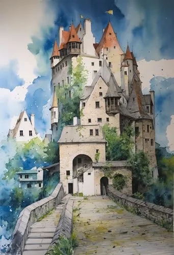 Transform this image into an expressive and gestural illustration in an ink and watercolor style. Use loose and irregular strokes with ink splatters. The architectural structure of the building should