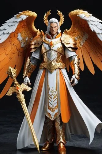male angel, wings, full body, intricate, detailed, digital painting, art station, 3D, orange wings with white glitter, large detailed wings, clear eyes and deep gaze, beautiful and perfectly detailed 