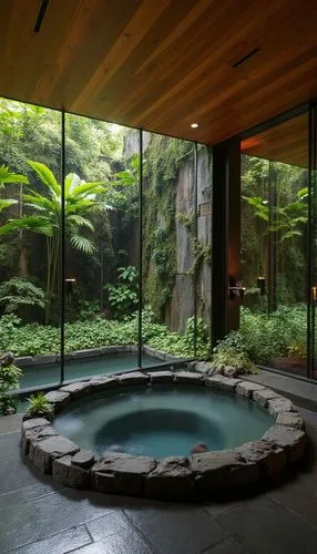 Zen-inspired spa bathroom with an indoor-outdoor aesthetic, featuring a sunken hot tub surrounded by dark stone tiles. A lush vertical garden with ferns and moss lines the back wall, visible through l