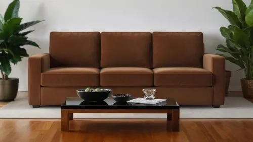 köşe sehpa üstü biblolu,  ,a modern living room with two potted plants and one large brown couch,sofa set,sofa,loveseat,sofas,minotti,couch,sofaer,soft furniture,settee,cassina,seating furniture,natuz