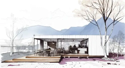 Café en las sierras,sketchup,neutra,house drawing,houseboat,pavillon,renderings,mid century house,boathouse,eichler,deckhouse,summerhouse,cantilevers,archidaily,jackson hole store fronts,houseboats,bu