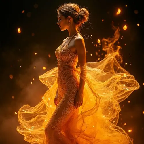 In a symphony of colors, a stunning fashion model stands in the midst of a glittering scene of sunset, illuminated by a warm, fiery glow. She wears an intricately designed golden dress, adorned with m