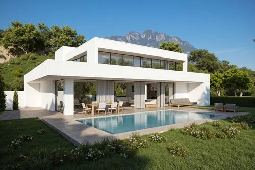 A photo-realistic rendering of a modern, minimalist white house with a rectangular swimming pool in the middle of the image. the house is situated on a lush green hillside with a mountain range in the