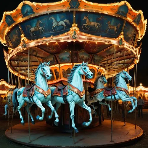 Visualize a haunted carousel where the horses are skeletal figures adorned with tattered cloaks. The carousel spins slowly in the dark, emitting a haunting melody, and ghostly children ride, their fac