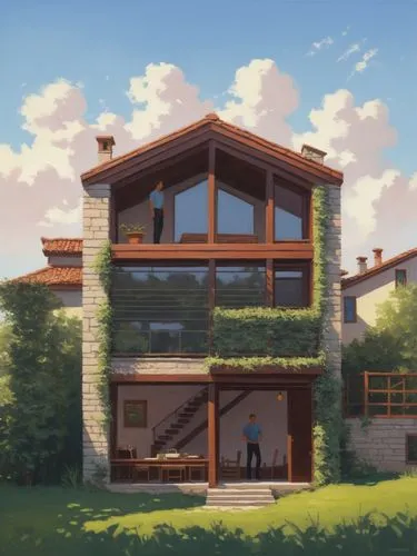 a painting of a large house with a man standing in the front door,frame house,studio ghibli,ghibli,house in the mountains,sky apartment,wooden house,Illustration,Paper based,Paper Based 01