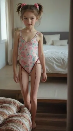 leaving boyfriend waiting in bed,a little girl in a floral print swimsuit standing on a bed,little girl ballet,children is clothing,photographing children,little ballerina,ballerina girl,little girl r