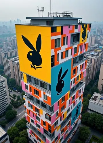 a very large multi - colored building with rabbit faces,sky apartment,apartment block,residential tower,bird tower,high rise building,high-rise building,crane houses,urban towers,urban art,apartment b