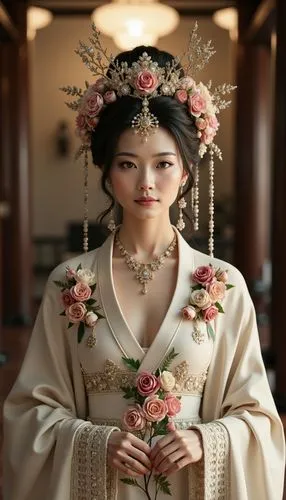 A top-quality 16K UHD fine art portrait of a regal Korean woman with an ultra-detailed masterpiece. The woman wears a floral crown and an ivory gown with botanical embellishments. She stands in front 
