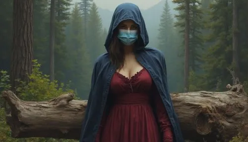 A detailed oil painting of a woman, wearing  a maroon dress and a surgical mask. Her unbuttoned face is cast in mystery with a blue cloak. The backdrop of a broken log adds to the mysterious atmospher
