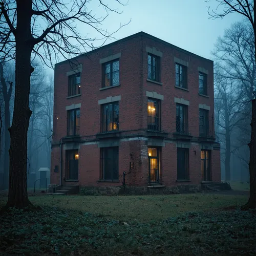 spooky and intimidating headquarters ,a red brick house sits in a foggy forest,creepy house,the haunted house,haunted house,doll's house,brick house,witch house,apartment house,abandoned house,the hou