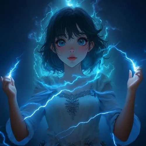 a woman holding two blue glowing lights in her hands,electrify,electrified,melodrama,azure,electrifies,magical,electric,mystical portrait of a girl,garrison,elemental,luminous,electric blue,lightning,