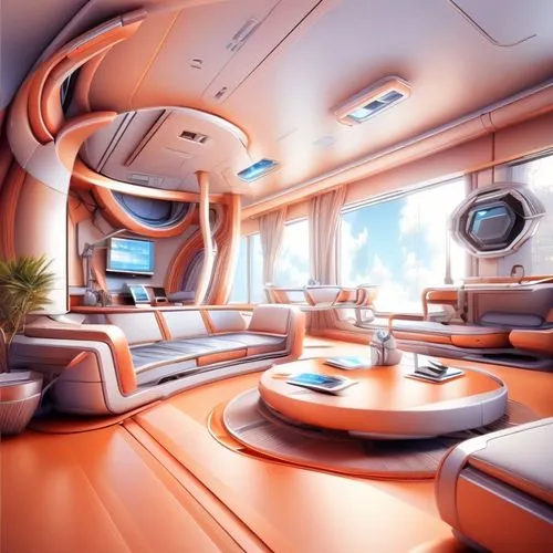 A futuristic tech-savvy space,ufo interior,aircraft cabin,business jet,sky space concept,train compartment,stretch limousine,corporate jet,private plane,futuristic landscape,futuristic car,travel trai