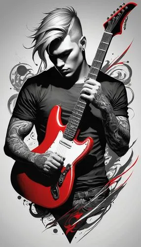 Create a guy, tattoo design, red, black and white.  Playing a lead guitar. ,guitarist,painted guitar,gontier,electric guitar,guitar,guitar player,guitarra,alexakis,lead guitarist,the guitar,guitare,st