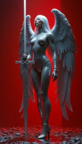 hyper realistic high definition photography image of a angel we aring a chrome suit, the suit looks futuristic lights up and studd ed with silver crystals ,shining silver wings, long silver glistenin 